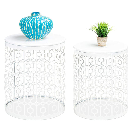Nest Of Tables Set of 2 Decorative Round End Tables Nightstands, Coffee Side Tables for Living Room,Office, Nesting - White
