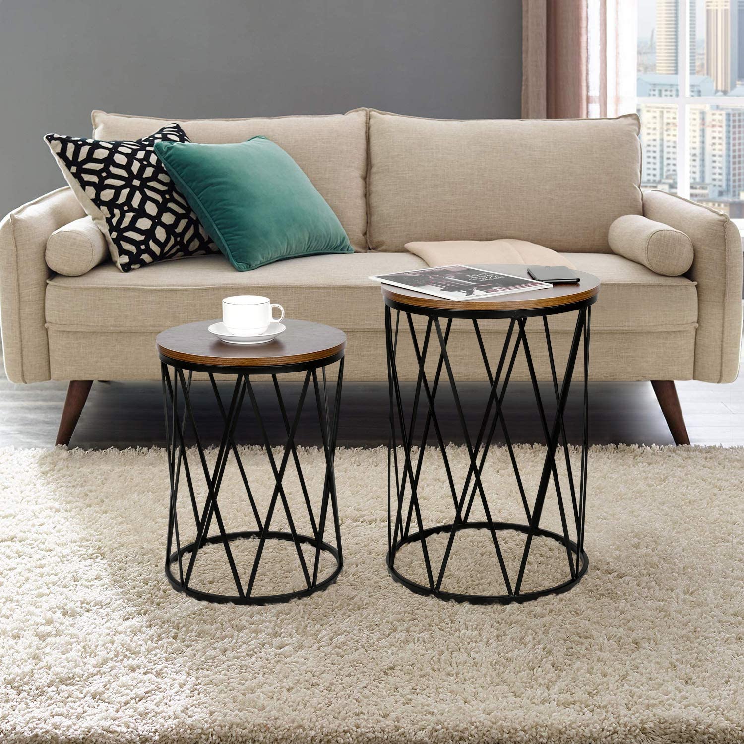 Nest Of Tables: Set of 2 Industrial Nesting Coffee Tables with Wood and Metal Frame, Modern Nightstand for Living Room Bedroom Office, Easy to Storage