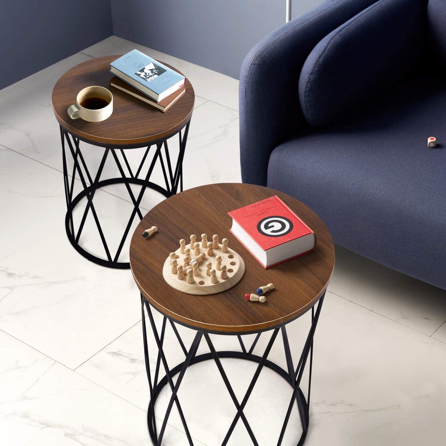 Nest Of Tables: Set of 2 Industrial Nesting Coffee Tables with Wood and Metal Frame, Modern Nightstand for Living Room Bedroom Office, Easy to Storage