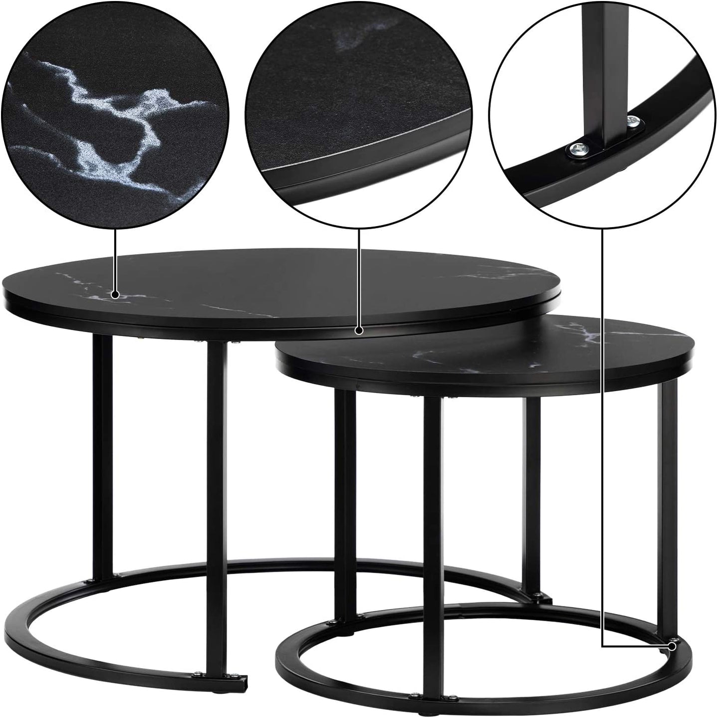 Nest Of Tables Table Set of 2, Wood Coffee and Snack End Table with Metal Frame, Accent Tea Table for Living Room