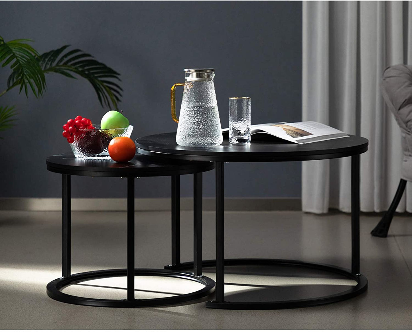 Nest Of Tables Table Set of 2, Wood Coffee and Snack End Table with Metal Frame, Accent Tea Table for Living Room
