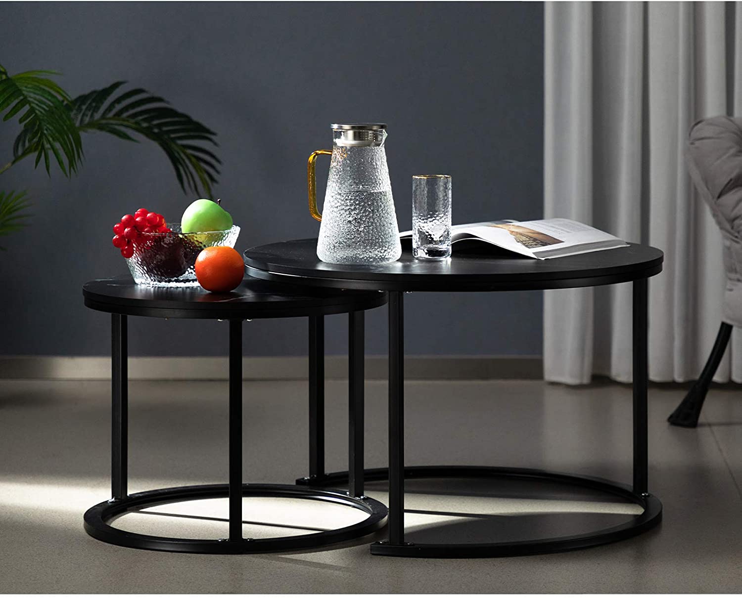 Nest Of Tables Table Set of 2, Wood Coffee and Snack End Table with Metal Frame, Accent Tea Table for Living Room