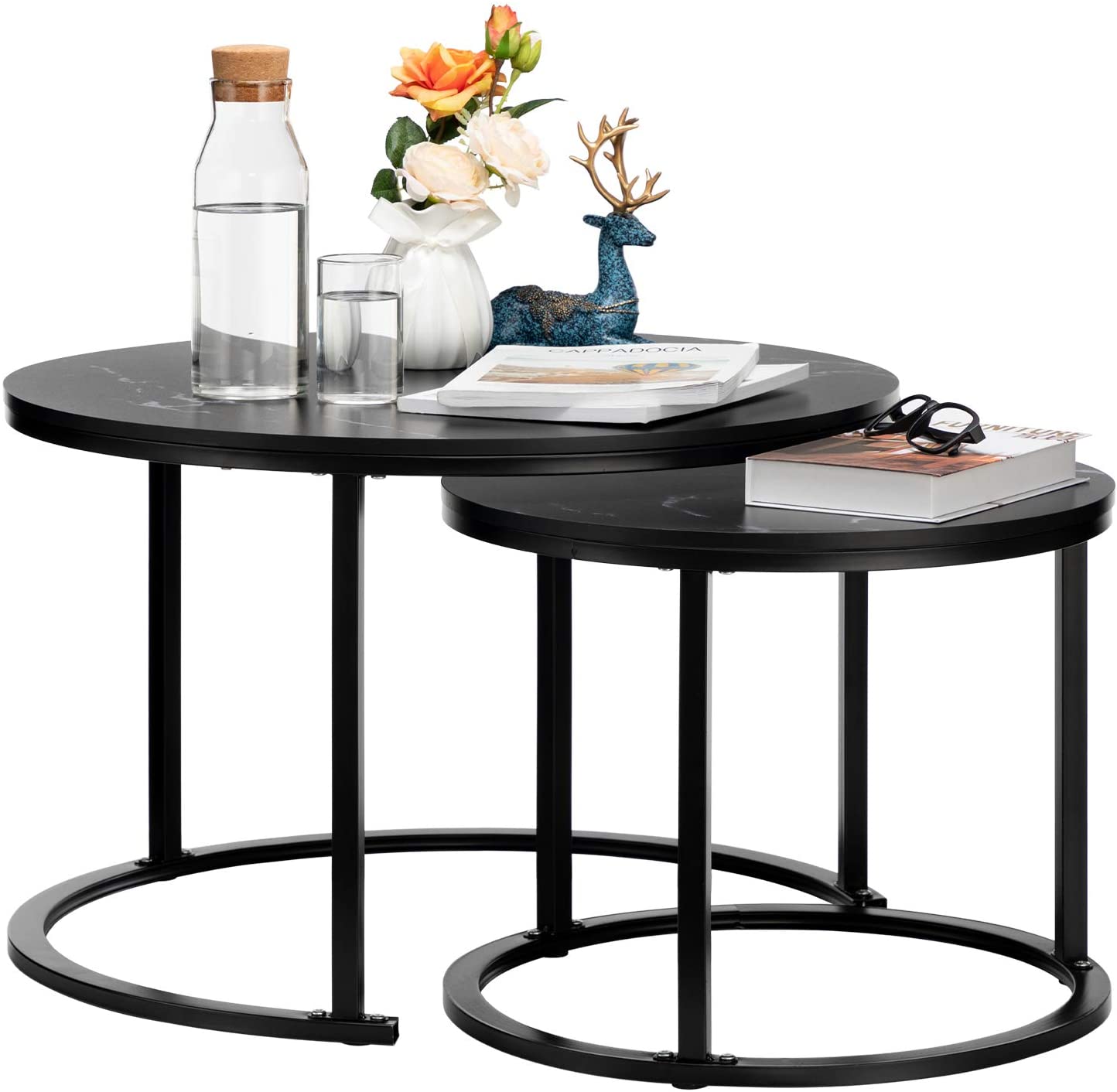 Nest Of Tables Table Set of 2, Wood Coffee and Snack End Table with Metal Frame, Accent Tea Table for Living Room