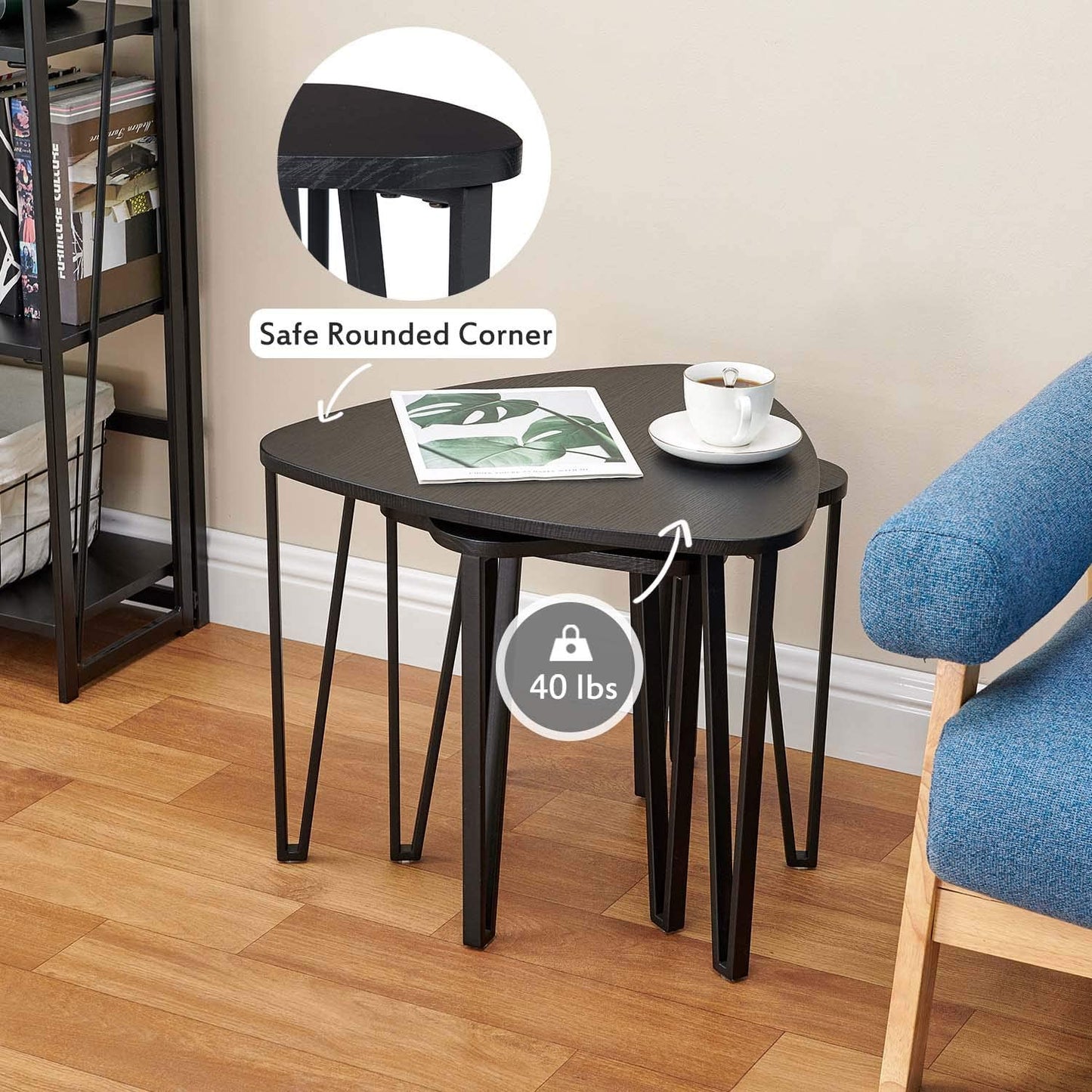 Nest Of Tables Table Sets of 3 Stacking End Side Tables Nightstands Vintage Night Tables for Bedroom Home Office, Black Wood