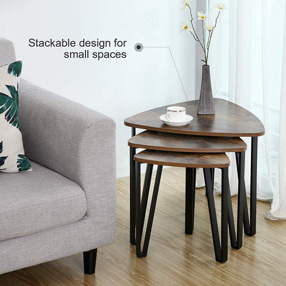 Nest Of Tables Wood Look Accent Furniture with Metal Frame, Rustic Brown and Black 