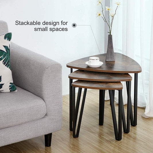 Nest Of Tables Wood Look Accent Furniture with Metal Frame, Rustic Brown and Black 