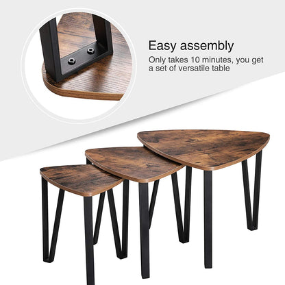 Nest Of Tables Wood Look Accent Furniture with Metal Frame, Rustic Brown and Black 