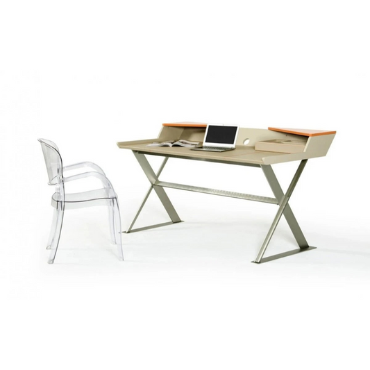 Office Desk Beige Leatherette and Orange Office Desk