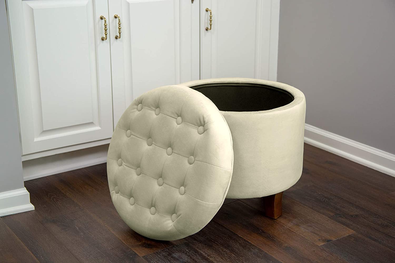 Ottomans : Fabric Upholstered Round Storage Ottoman with Removable Lid