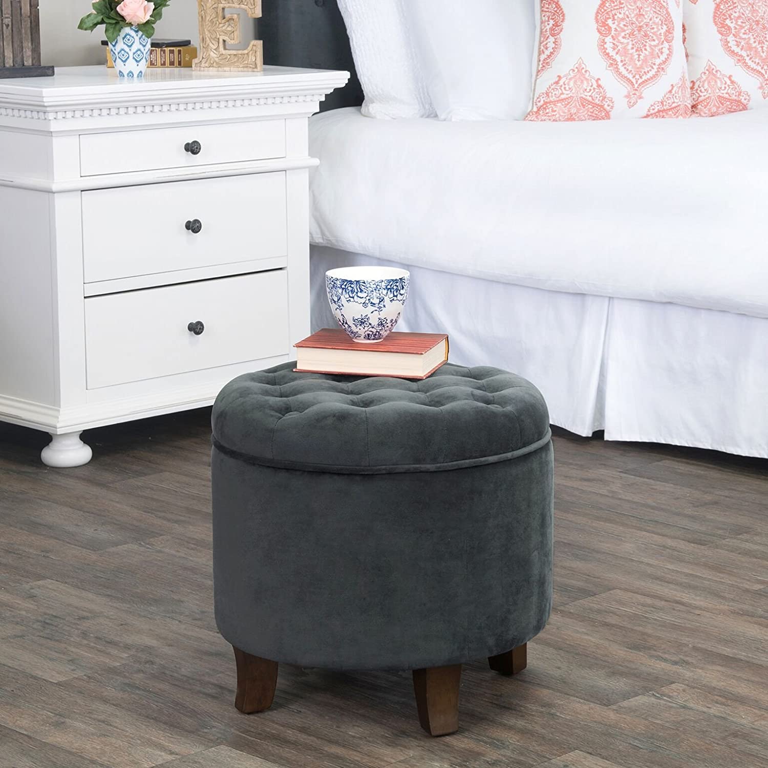 Ottomans : Fabric Upholstered Round Storage Ottoman with Removable Lid