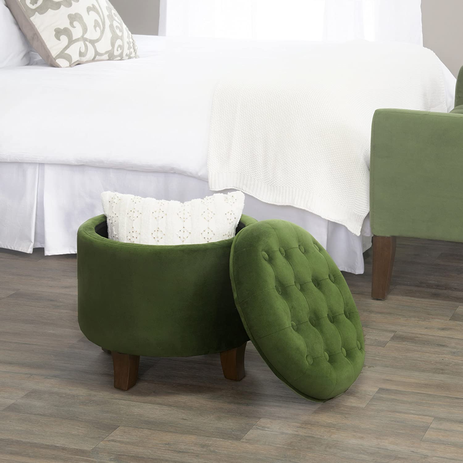 Ottomans : Fabric Upholstered Round Storage Ottoman with Removable Lid