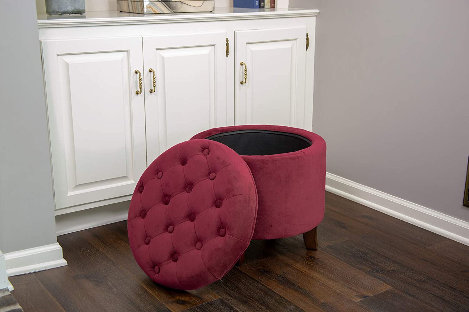 Ottomans : Fabric Upholstered Round Storage Ottoman with Removable Lid