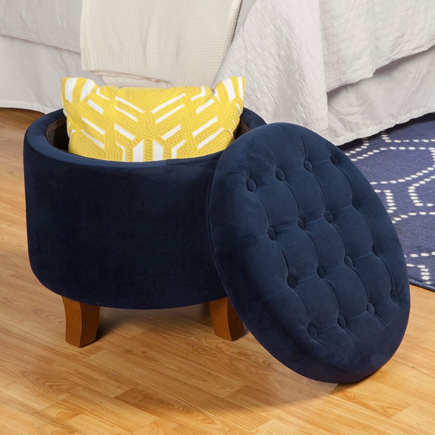 Ottomans : Fabric Upholstered Round Storage Ottoman with Removable Lid