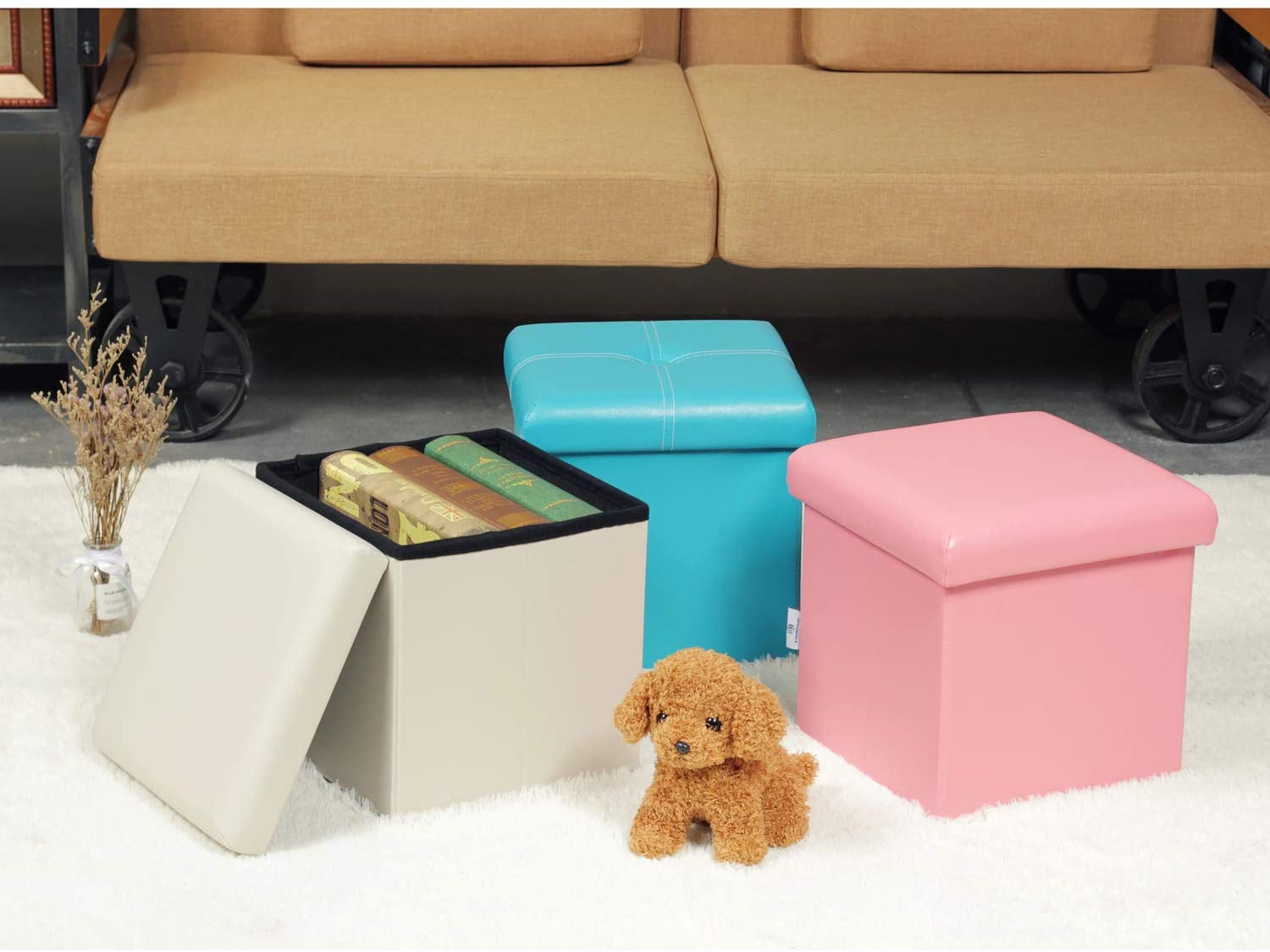 Ottomans : Folding Storage Ottoman Cube with Faux Leatherette