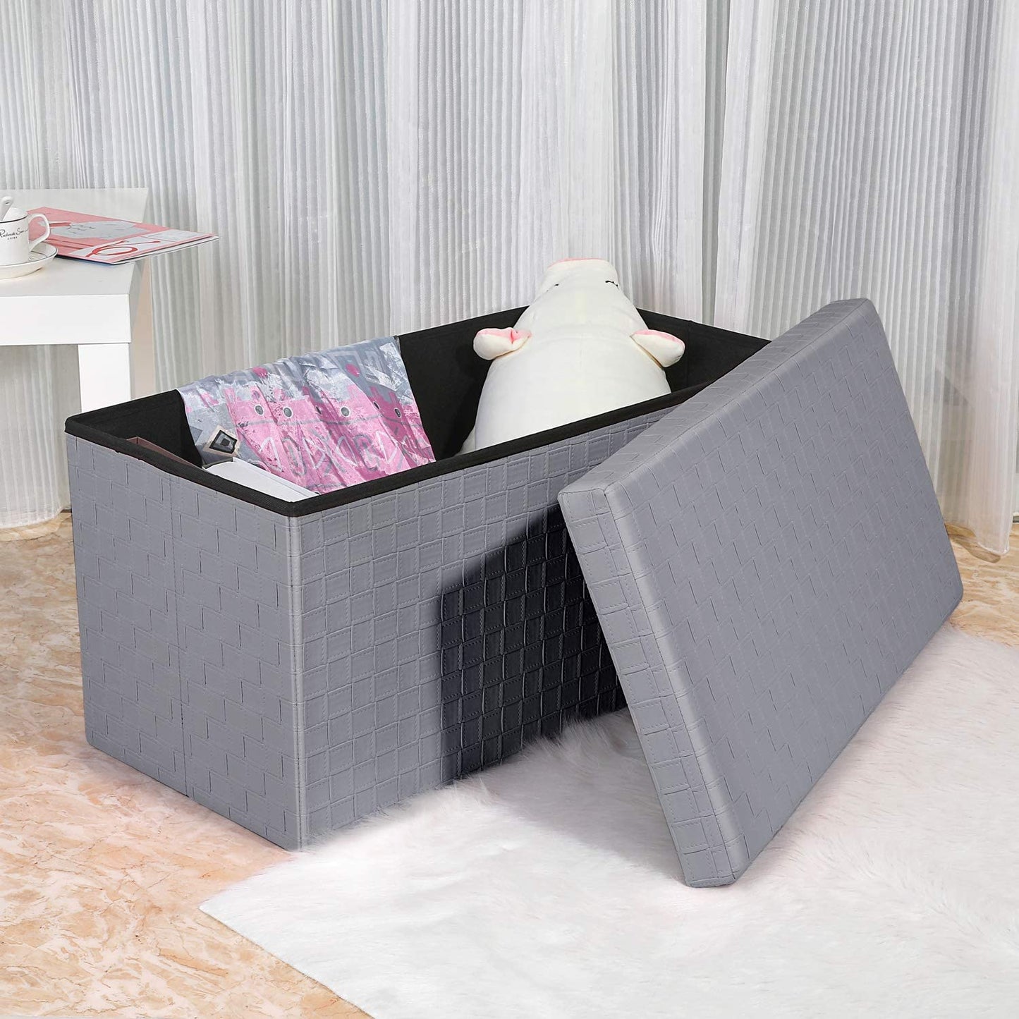Ottomans : Folding Storage Ottoman, Faux Leatherette Footrest Stool Long Bench