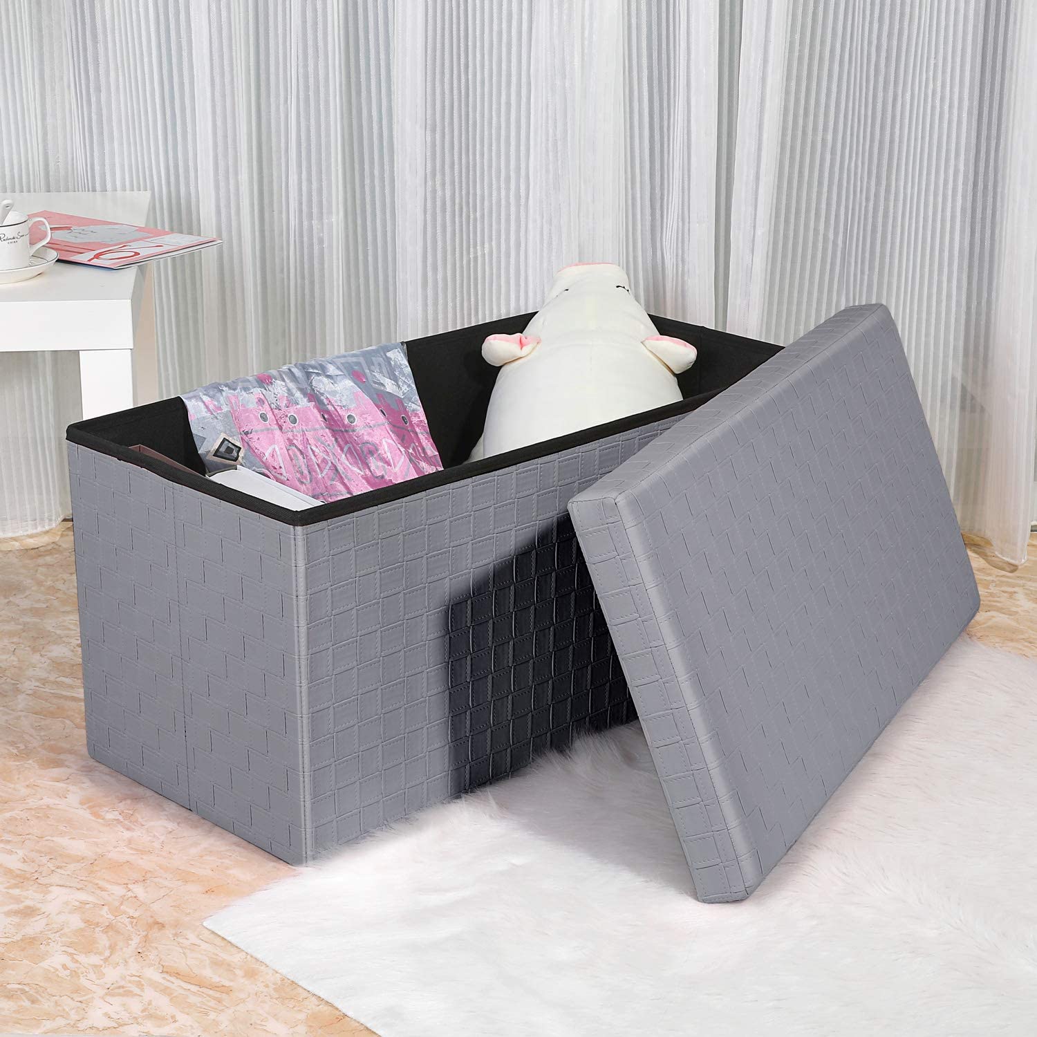 Ottomans : Folding Storage Ottoman, Faux Leatherette Footrest Stool Long Bench