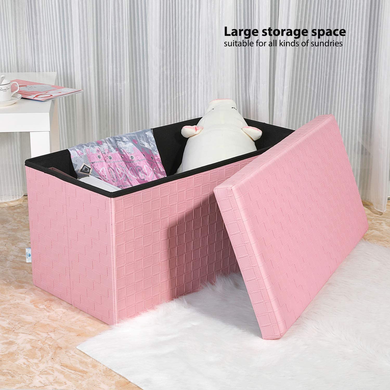 Ottomans : Folding Storage Ottoman, Faux Leatherette Footrest Stool Long Bench