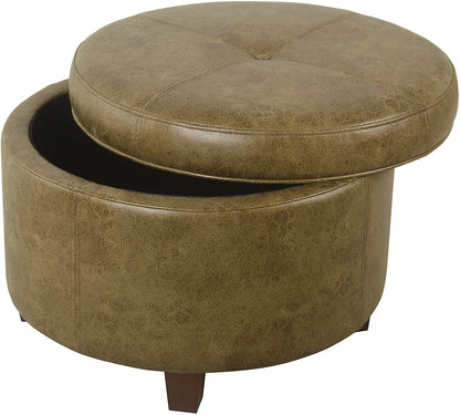 Ottomans : Large Leatherette Storage Ottoman Distressed Brown Faux Leatherette
