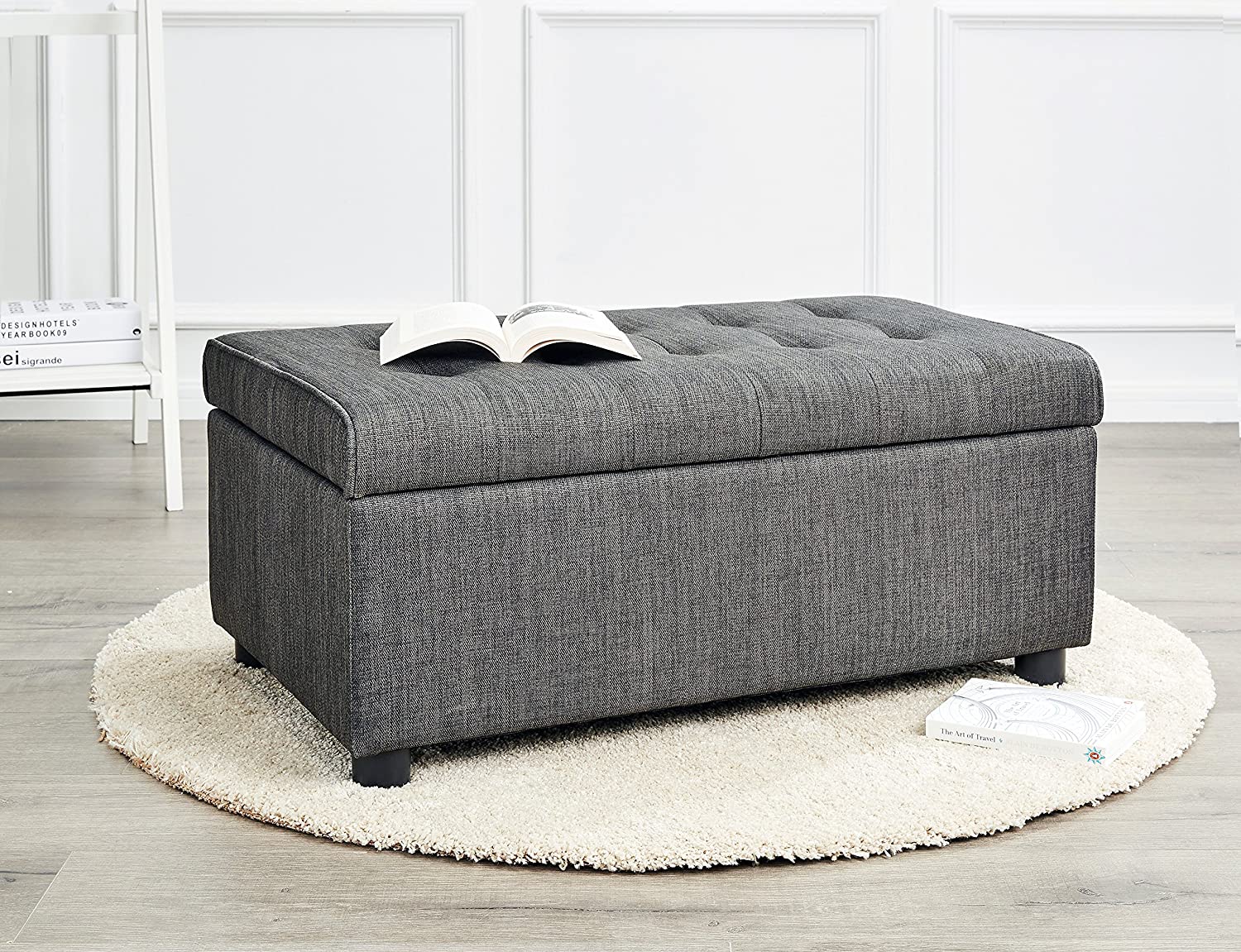 Ottomans : Rectangular Fabric Storage Ottoman with Tufted Design