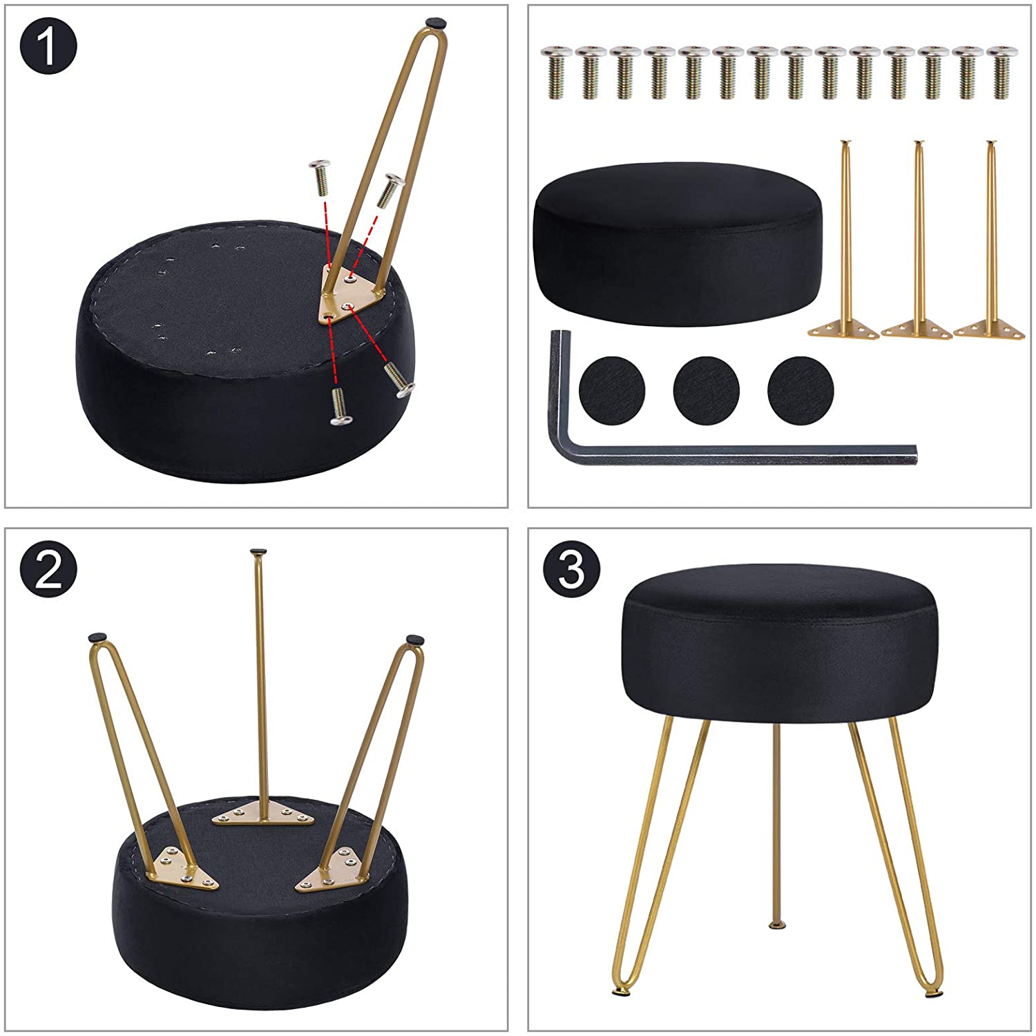 Ottomans : Round Footrest Stool Ottoman with Golden Metal Leg