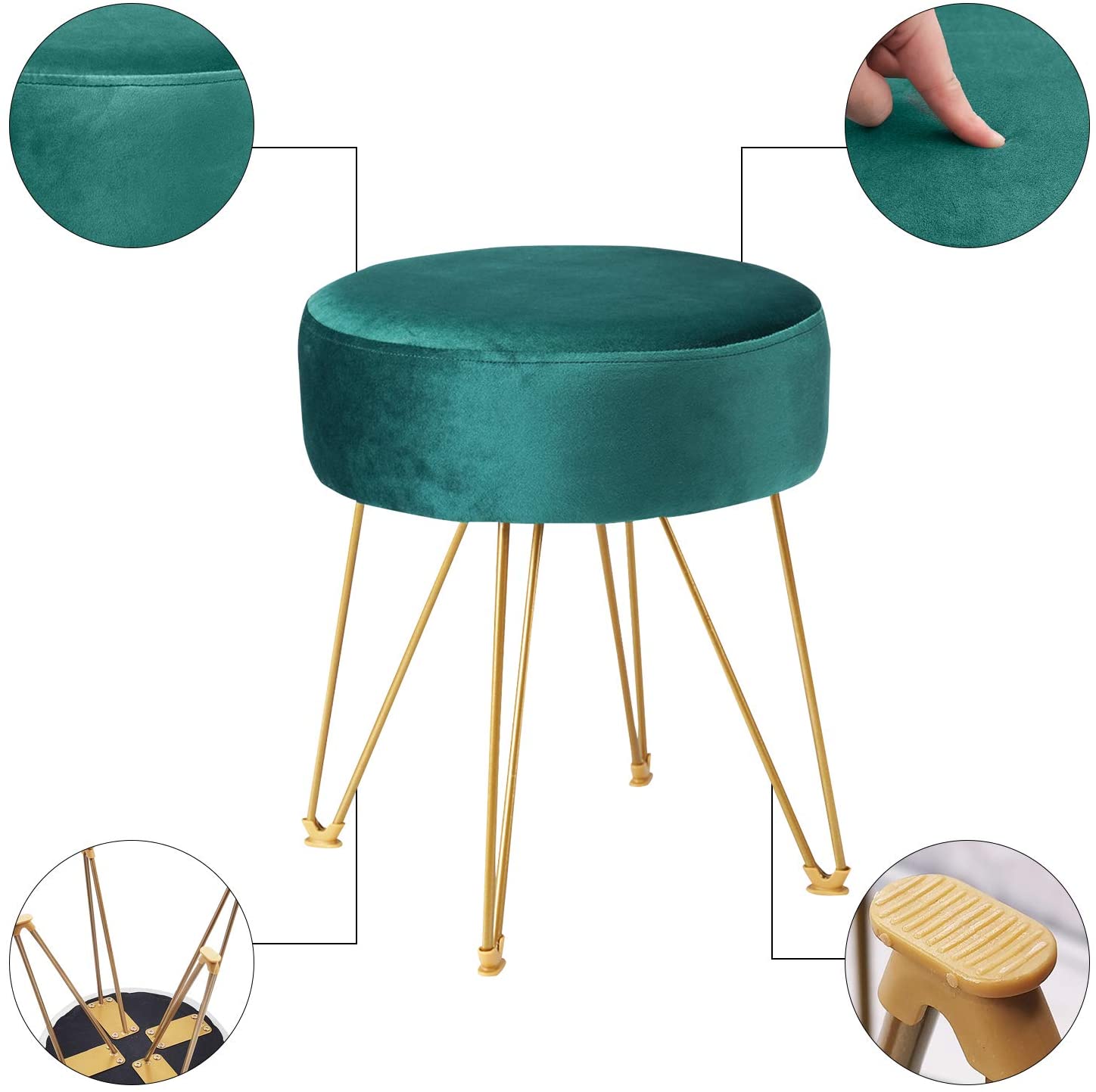 Ottomans : Round Footstool Ottoman with Gold Metal Legs Upholstered Footrest