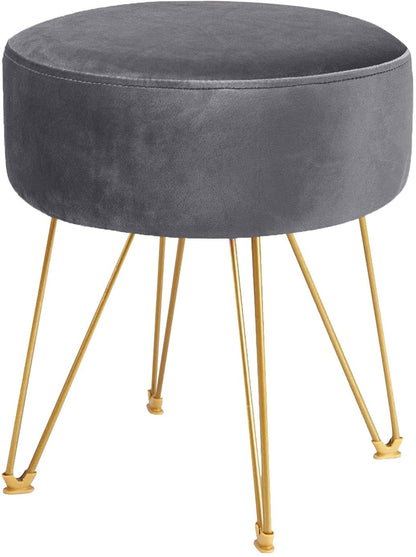 Ottomans : Round Footstool Ottoman with Gold Metal Legs Upholstered Footrest