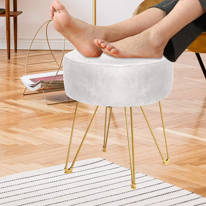 Ottomans : Round Footstool Ottoman with Gold Metal Legs Upholstered Footrest