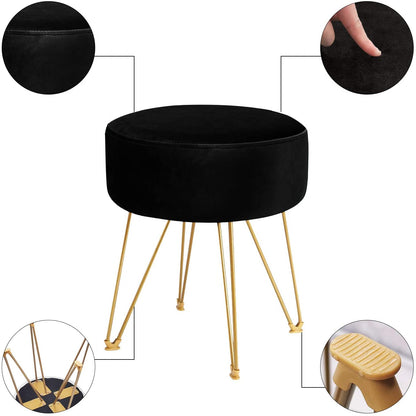 Ottomans : Round Footstool Ottoman with Gold Metal Legs Upholstered Footrest
