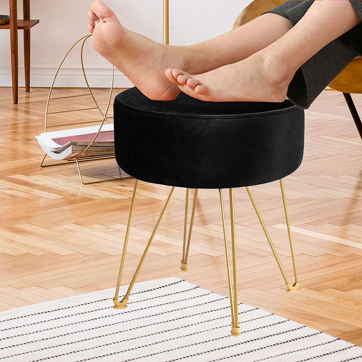 Ottomans : Round Footstool Ottoman with Gold Metal Legs Upholstered Footrest