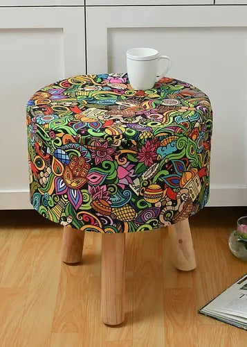Pouffe: Blue Leaf Printed Pouffe With Digital Print
