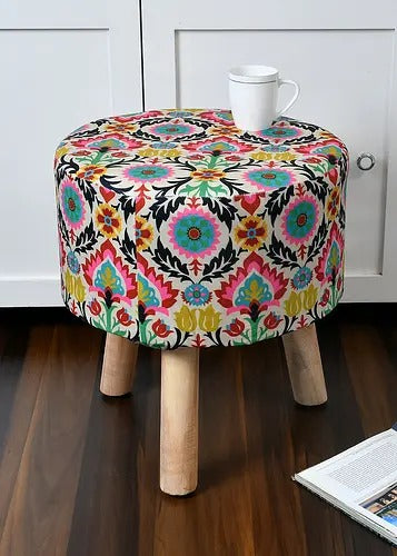Pouffe: Leaf Printed Pouffe Pink With Digital Print