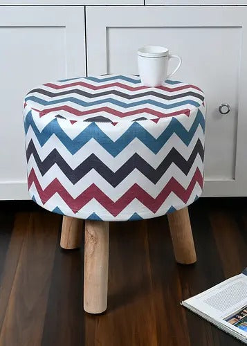 Pouffe: Zig Zag Blue Pouffe With Digital Print