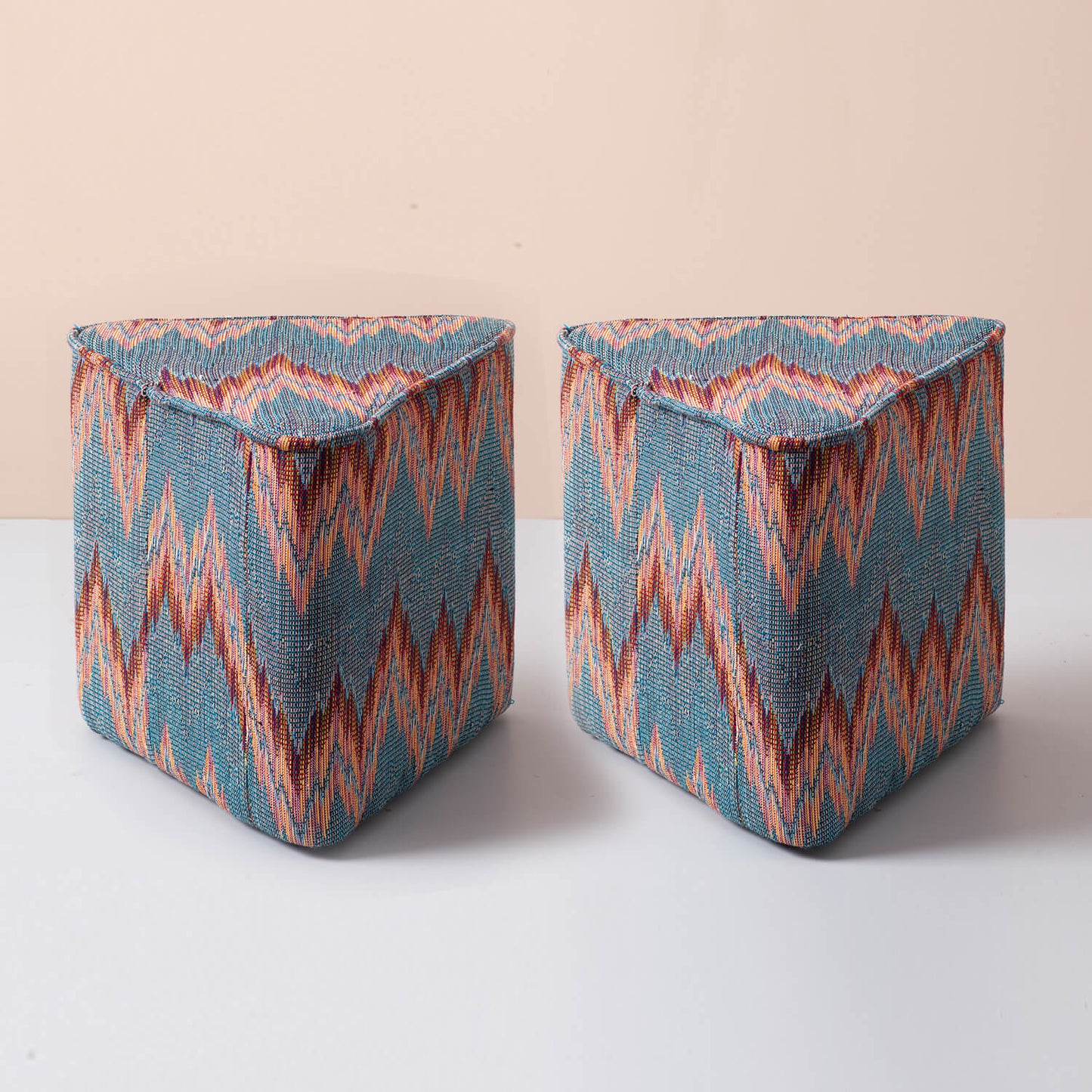 Poufs: Blue & Red Zig Zag Triangular Pouf Set of 2