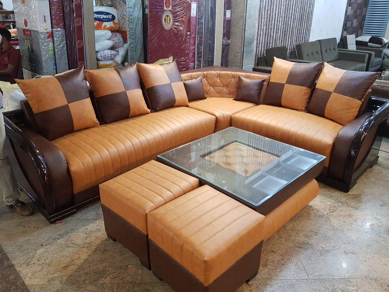 L Shape Sofa Set:- Leatherette Sofa Set and 2 Puffy (Darksalmon and Brown)
