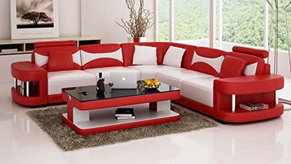 L Shape Sofa Set:- Miele Leatherette Sofa Set with Puffy (White and Red)