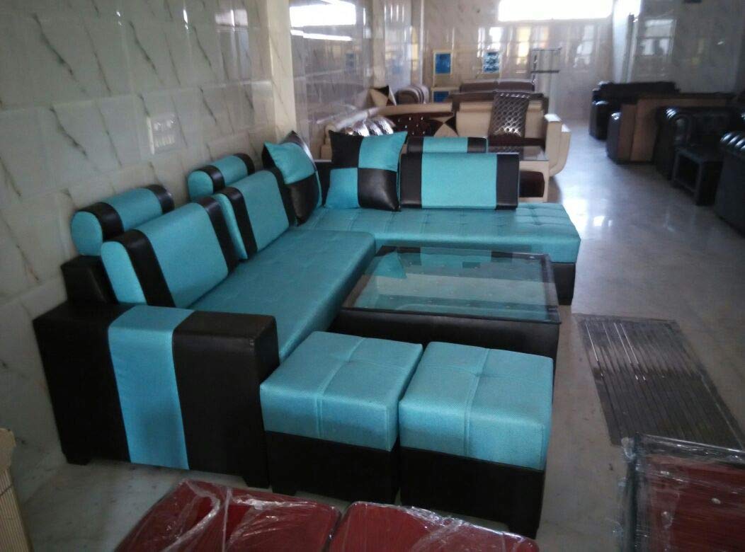 L Shape Sofa Set:- Leatherette Sofa Set  and 2 Puffy (Sky Blue and Black)