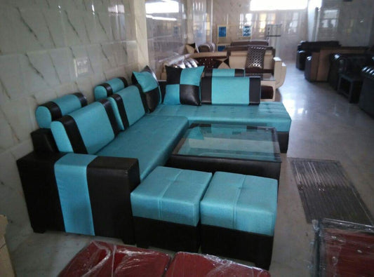 L Shape Sofa Set:- Leatherette Sofa Set  and 2 Puffy (Sky Blue and Black)