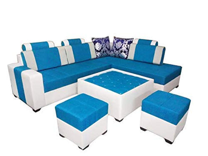 QUALITY ASSURE FURNITURE V-L Shape Sofa Set with Center Table and 2 Puffy (Blue and White)