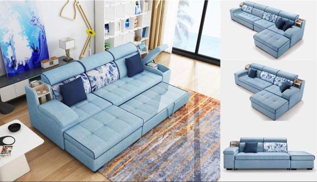 6 Seater Sofa Set:- Linen Sectional Fabric Sofa Set Standard Size (Sky Blue)
