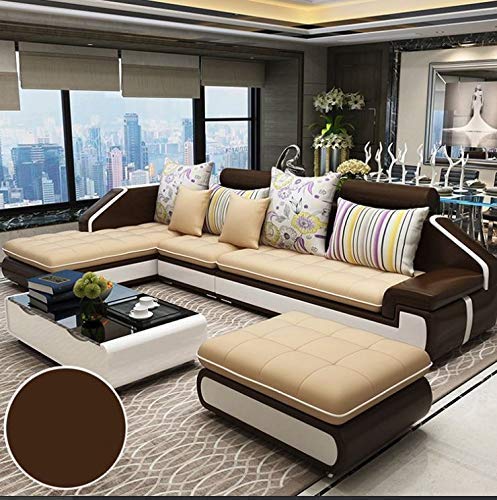 L Shape Sofa Set:- Roland Hardwood Sectional Leatherette Sofa Set with one Puffy (Cream & Brown)
