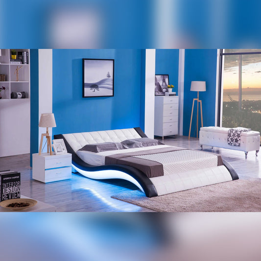 Queen Size White & Black Leatherette Queen Size Smart Bed with LED Light