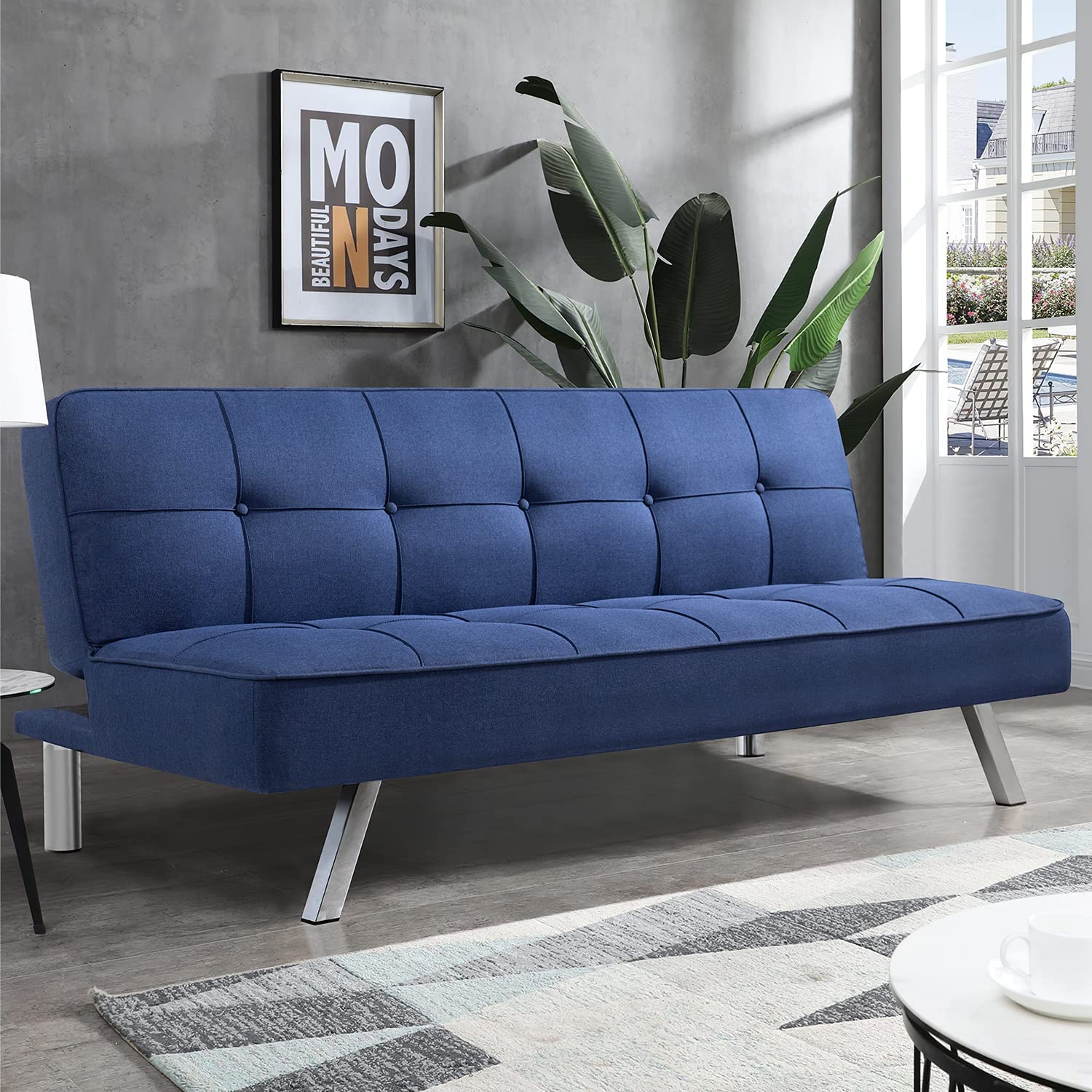 SOFA CUM BED Bed for Living Room Home Office Futon Couch with Chrome Legs (Blue) 