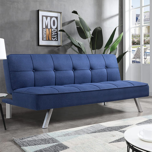 SOFA CUM BED Bed for Living Room Home Office Futon Couch with Chrome Legs (Blue) 