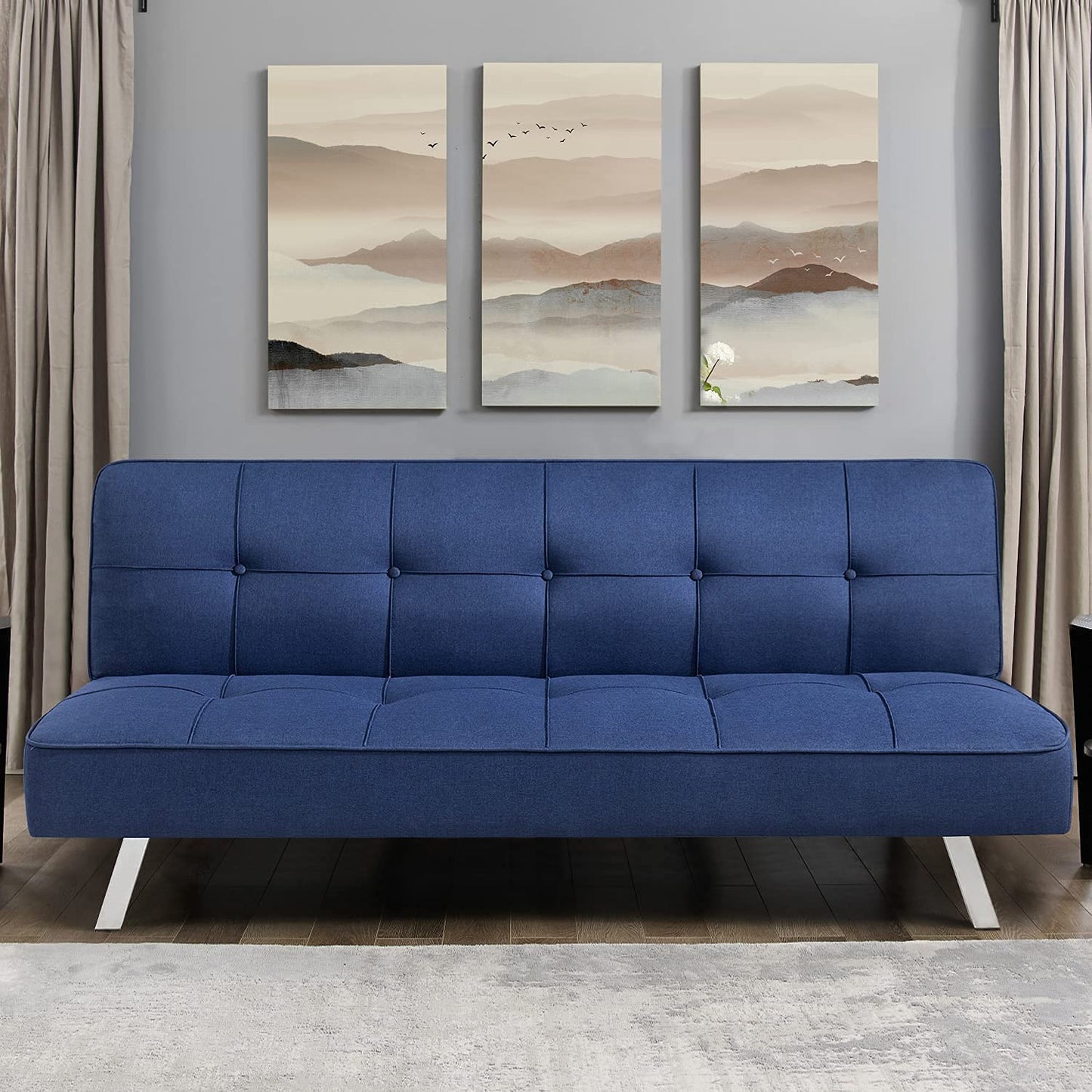 SOFA CUM BED Bed for Living Room Home Office Futon Couch with Chrome Legs (Blue) 
