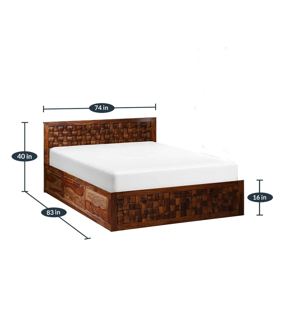 Sheesham Furniture: King Size Double Bed with Front and Top Storage in Honey Oak