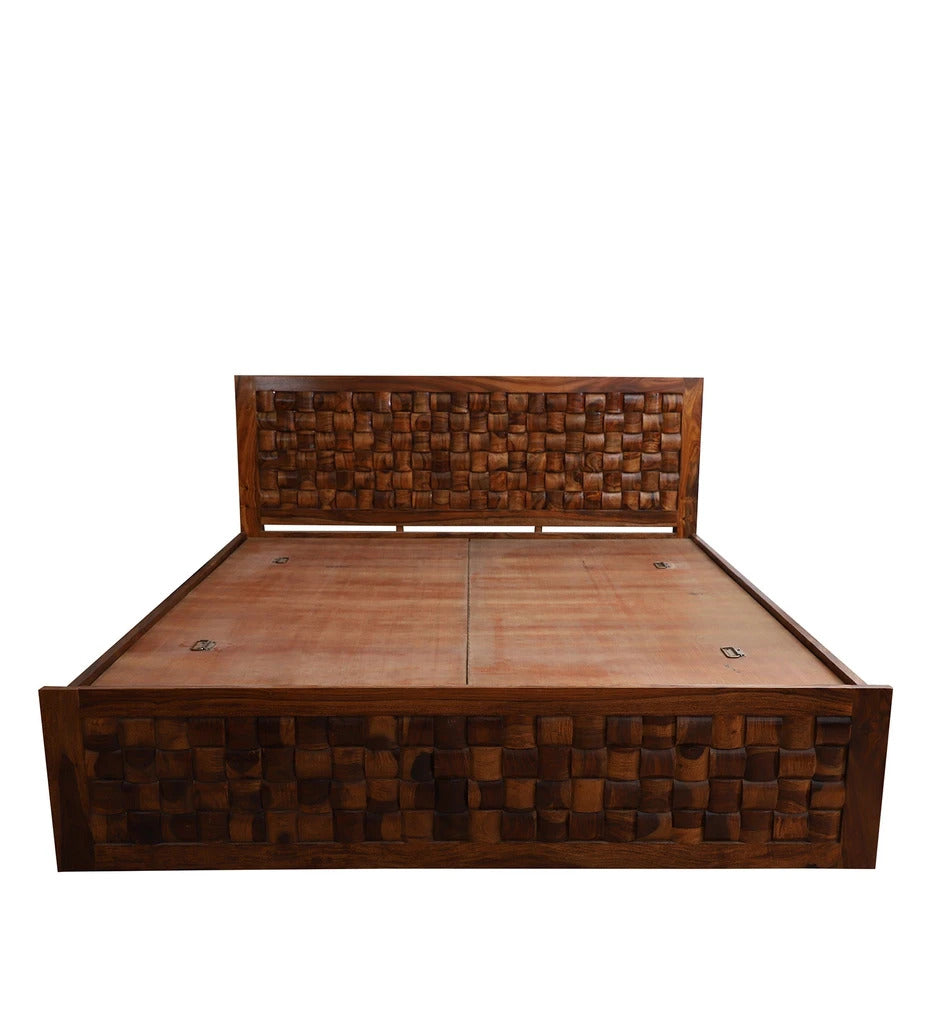 Sheesham Furniture: King Size Double Bed with Front and Top Storage in Honey Oak