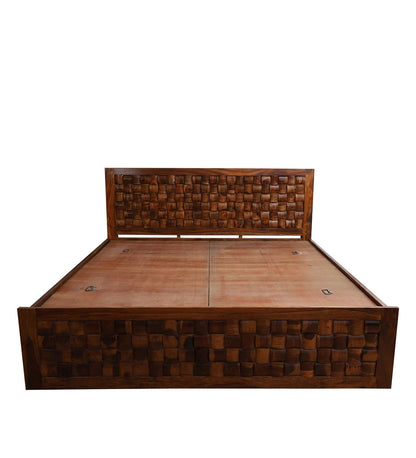 Sheesham Furniture: King Size Double Bed with Front and Top Storage in Honey Oak