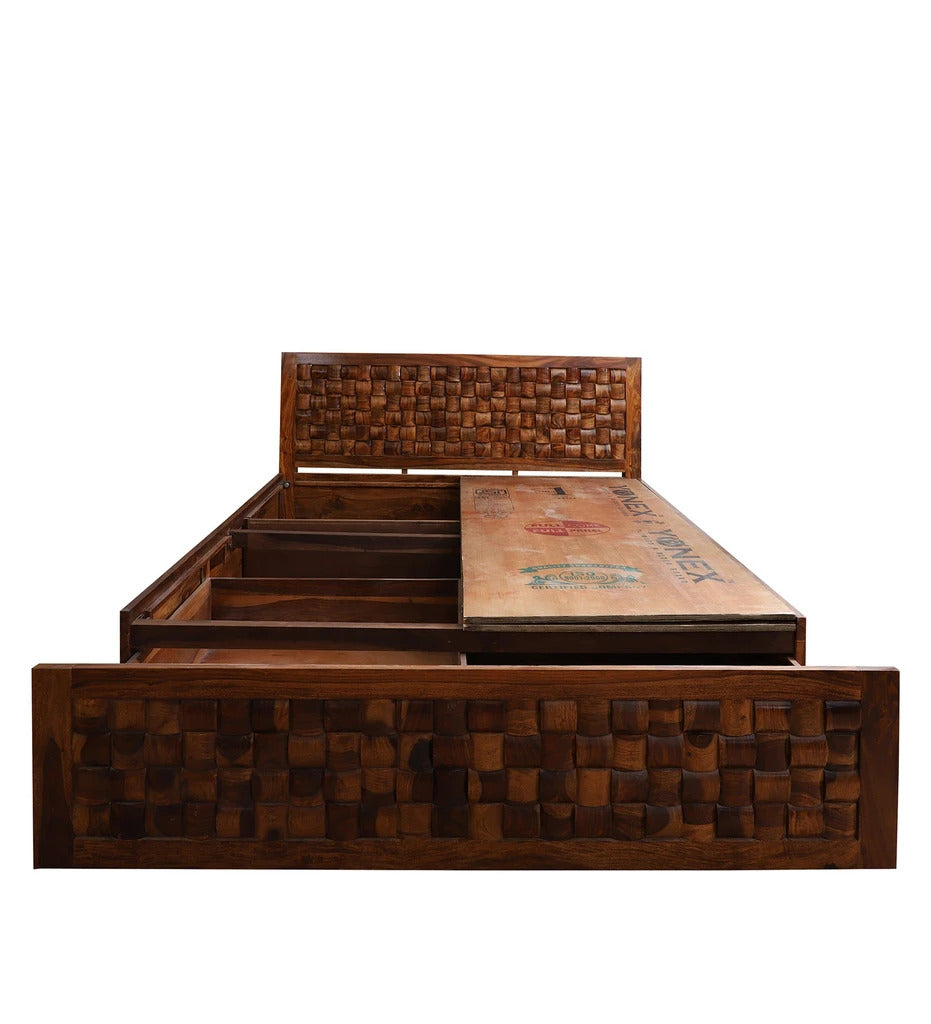 Sheesham Furniture: King Size Double Bed with Front and Top Storage in Honey Oak