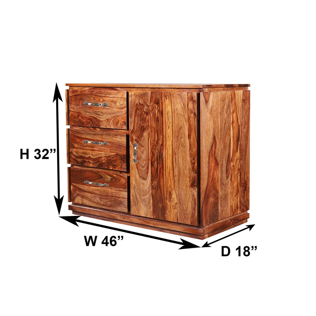 Sheesham Furniture:- One Door Three Drawer Chest Of Drawers Side Board