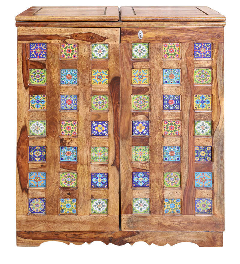 Sheesham Furniture: Solid Wood Two Door Bar Cabinet in Honey Oak Finished